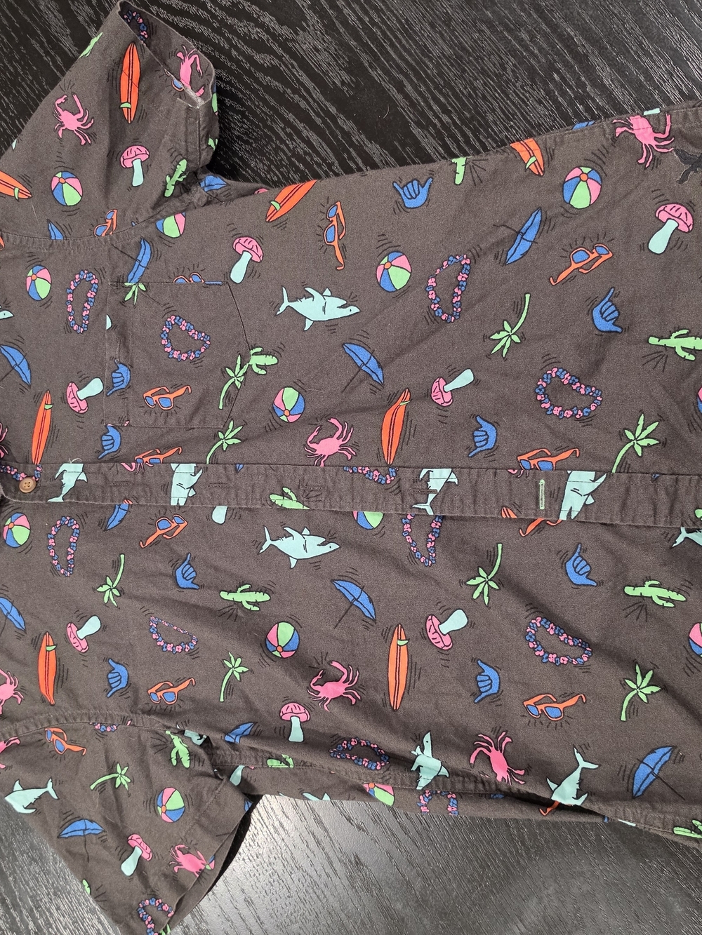 American Eagle Outfitters Brown Button-Down Shirt with Neon Beach Print